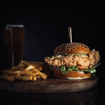 Delicious crispy chicken sandwich served with fries and a pint of beer on a wooden board.